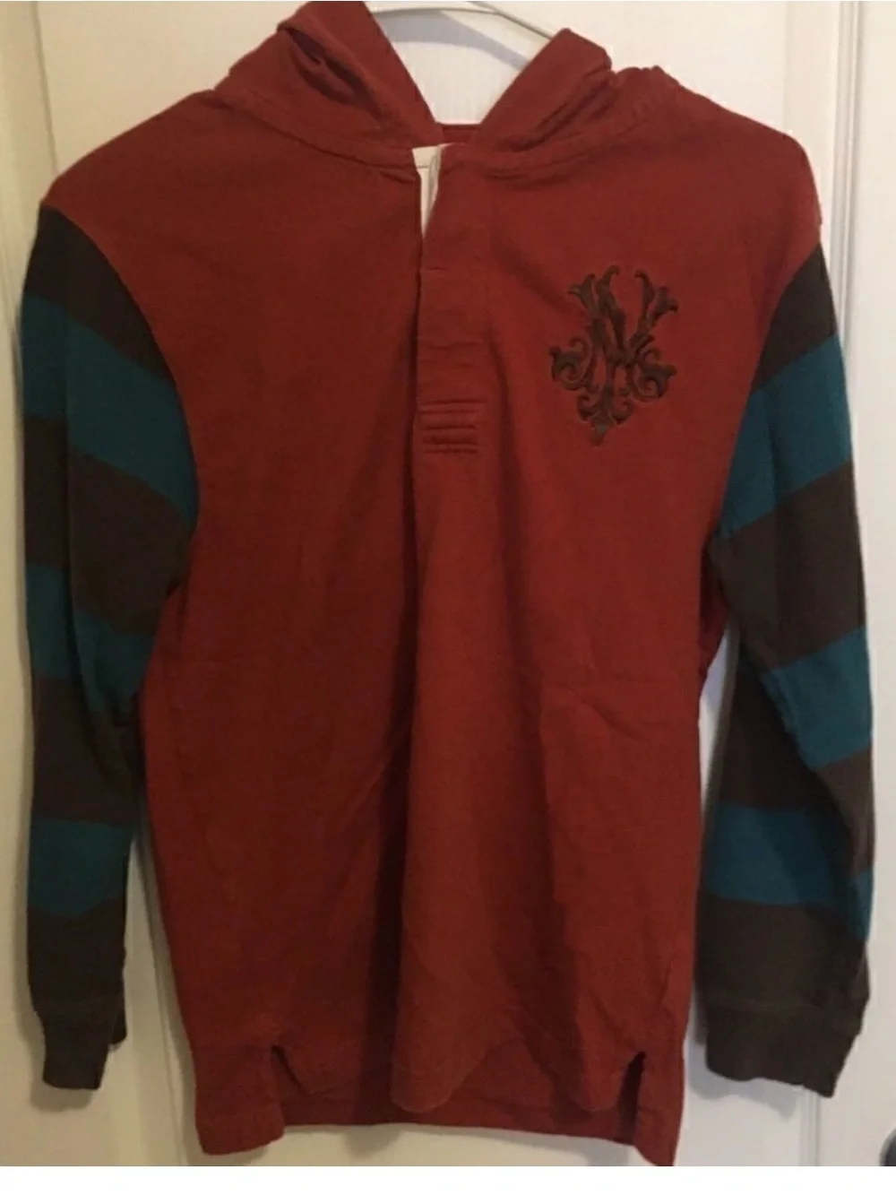 Old Navy Rust Hooded Sweatshirt with Teal and Brown Stripe Sleeves
